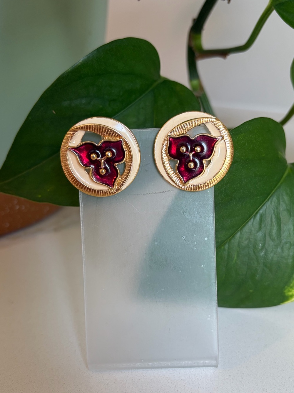Vintage MONET gold tone, red enamel clip on earrings